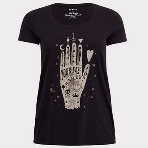 Torrid black slub knit graphic tee with "Your fate is in your hands" design